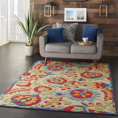 Medium Multicolor Floral Synthetic Flat Woven Rug