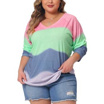 Agnes Orinda Women's Plus Size Tie Dye V-Neck Long Sleeve Casual Outfits T-shirts