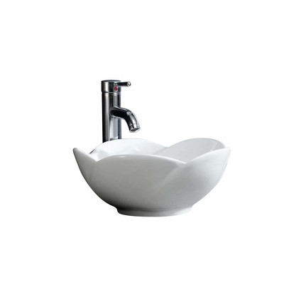 White Ceramic Flower Design Vessel Sink, 22"