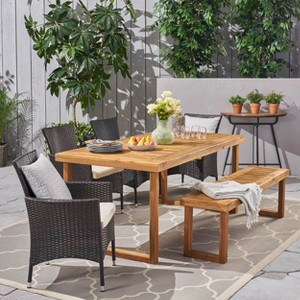 Christopher Knight Home Moralis Outdoor Acacia Wood and Wicker 6 Piece Dining Set with Bench - 1 of 4