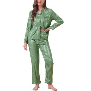 cheibear Women's Satin Soft Button-Down Sleepwear with Pants Lounge Pajama Set - 1 of 4