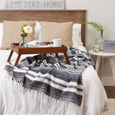 Chic Farmhouse Striped Cotton Throw 50"x60" with Fringe in French Blue