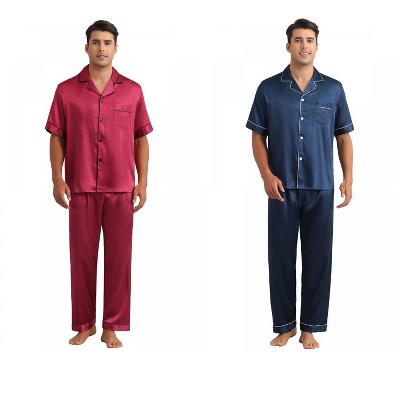 INSPIRE CHIC Men's 2 Pack Casual Sleepwear Short Sleeve Satin Pajamas Sets