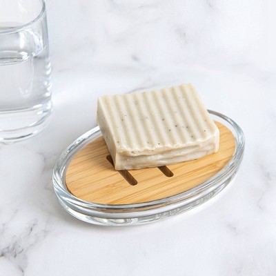 Clear Glass Soap Dish with Bamboo Insert