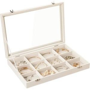 35-Grid Velvet Jewelry Tray with Clear Lid, Drawer Insert Organizer for Earrings & Rings, 13.8x9.5x2 Inches - 1 of 4