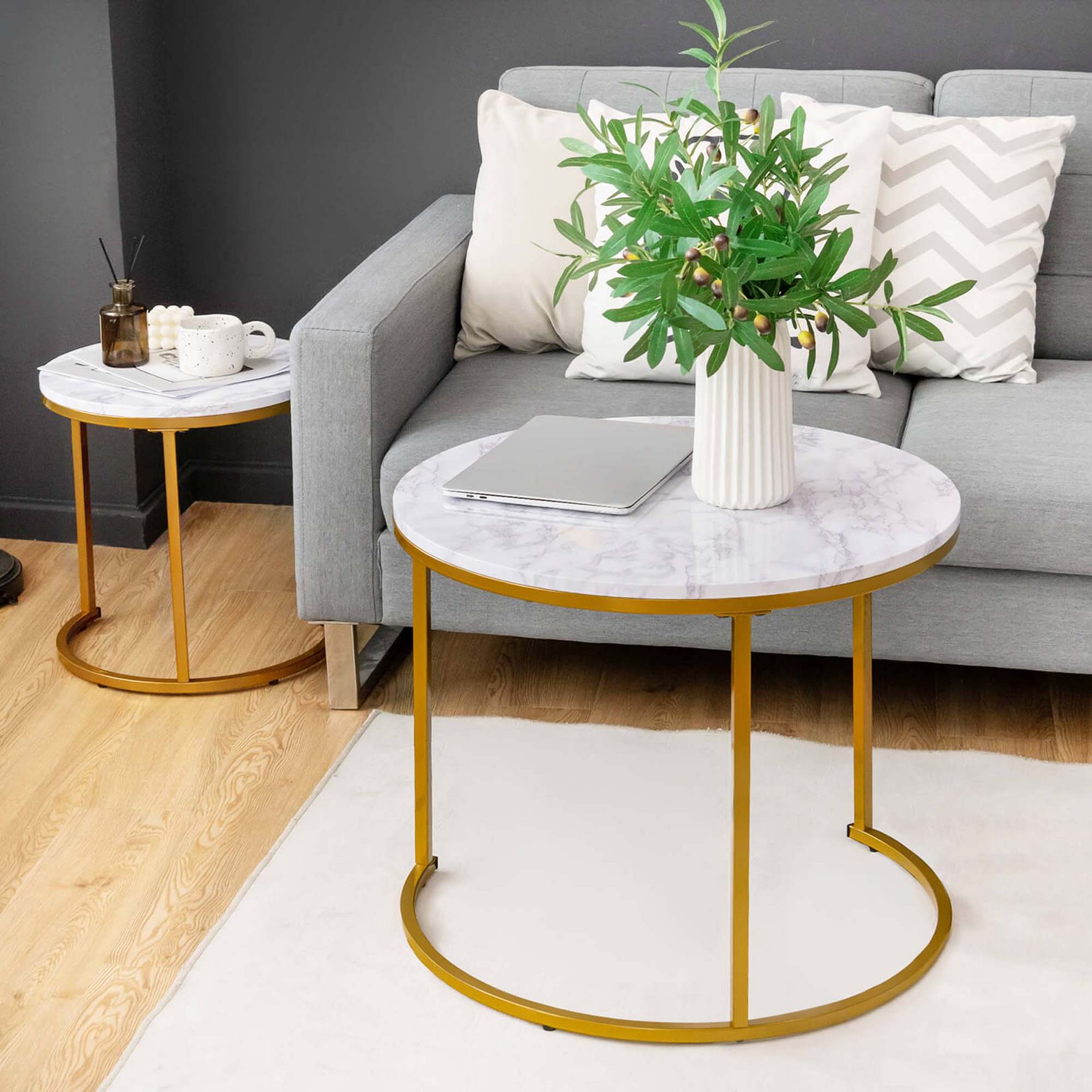 Costway Nesting Coffee Table Set of 2 for Balcony Living Room Modern Round Side Tables Gold
