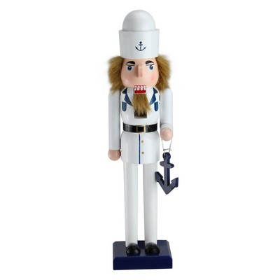 Northlight 15" White and Blue Navy Sailor with Anchor Wooden Christmas Nutcracker