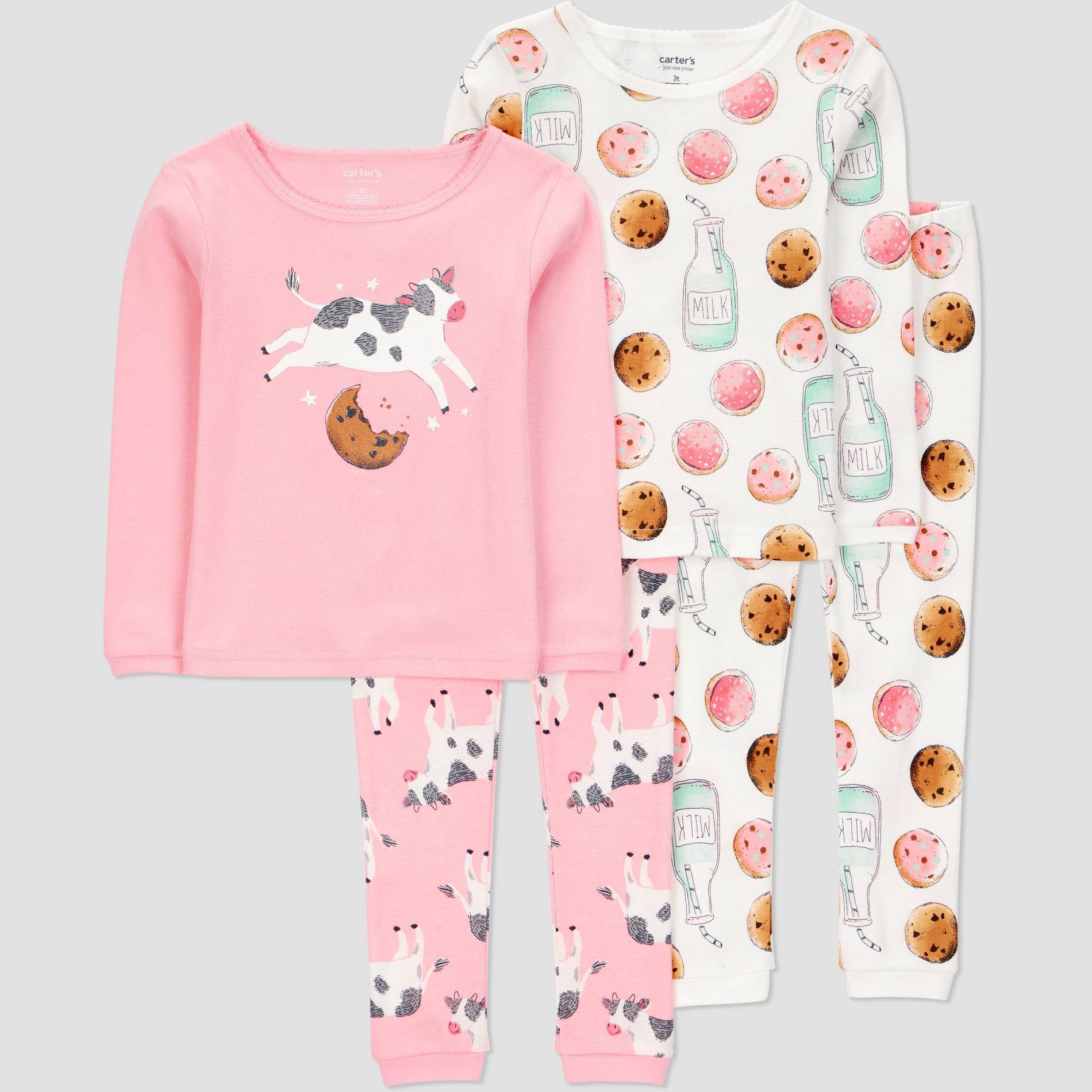Carter's Just One You® Toddler Girls' 4pc Cotton Long Sleeve Cows and Cookies Pajama Set - Pink/White 18M