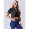 Allegra K Women's Casual Point Collar Button Down Puff Sleeve Crop Denim Jackets - 2 of 4