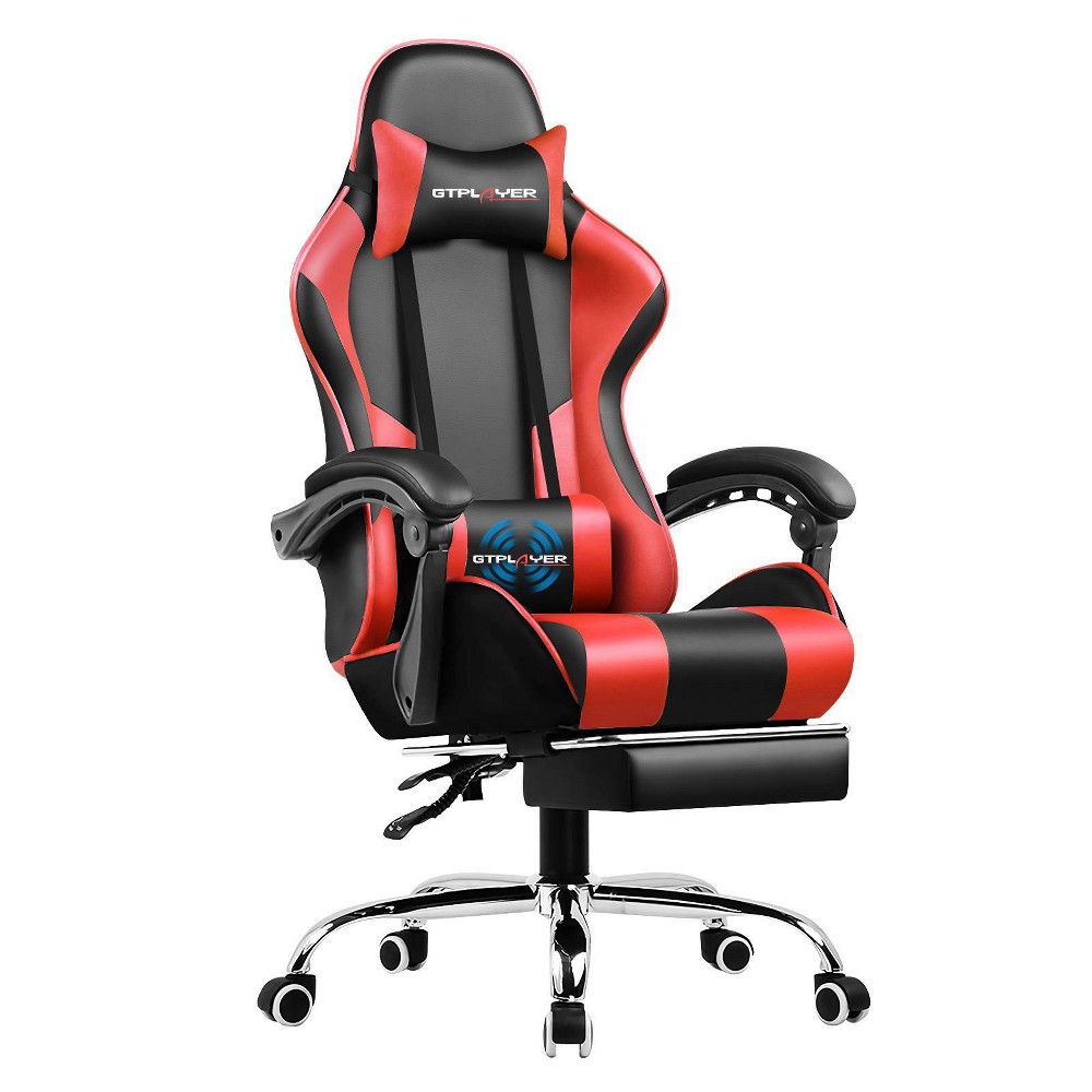 Gaming Chair with Footrest and Ergonomic Lumbar Massage Pillow PU Leather Office Chair Red - GTRACING: High-Density Sponge, 360° Swivel