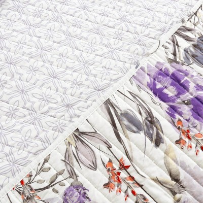 Adalia King Purple and Gray Floral Cotton Quilt Set
