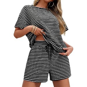 Imily Bela Women's striped pajama set, casual 2-piece set, short-sleeve loose T-shirt with drawstring shorts set - 1 of 4