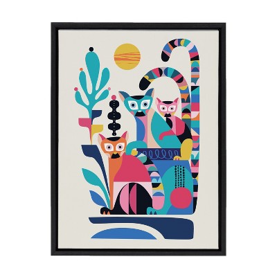 Mid Century Modern Multicolor Lemur Framed Canvas Art, 18x24