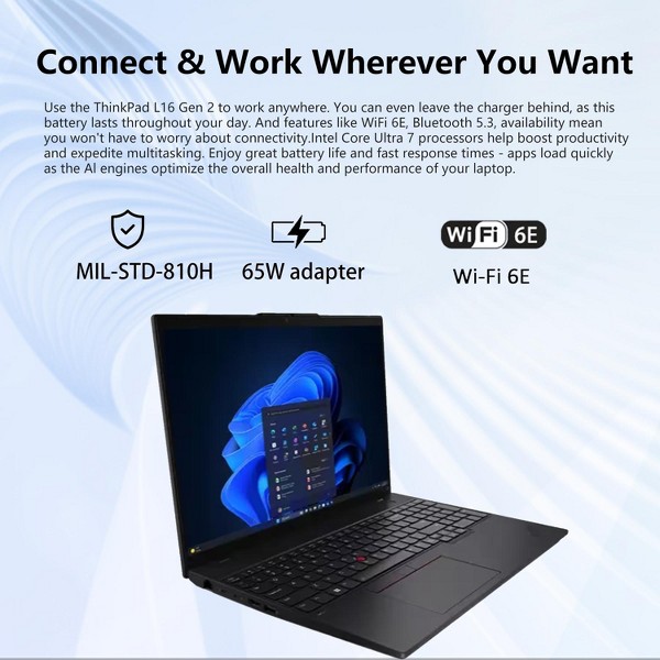 LENOVO ThinkPad L16 Gen 2 Business Laptop, 16" FHD 1920x1200, Intel Core Ultra 7 255U, 8GB DDR5 SODIMM, 512GB SSD, Wi-Fi 6 5