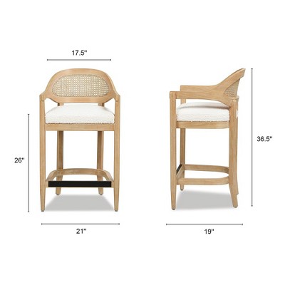 Ivory White Bouclé 26" Cane Back Counter Stool with Oak Frame