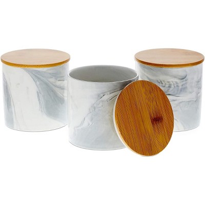 Juvale White Marble Ceramic Canisters with Bamboo Lids for Kitchen Counter, 3.9" x 4"