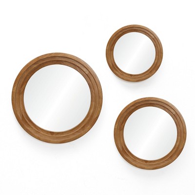 LuxenHome 3-Piece Round Rubberwood Frame Accent Wall Mirror Set Brown