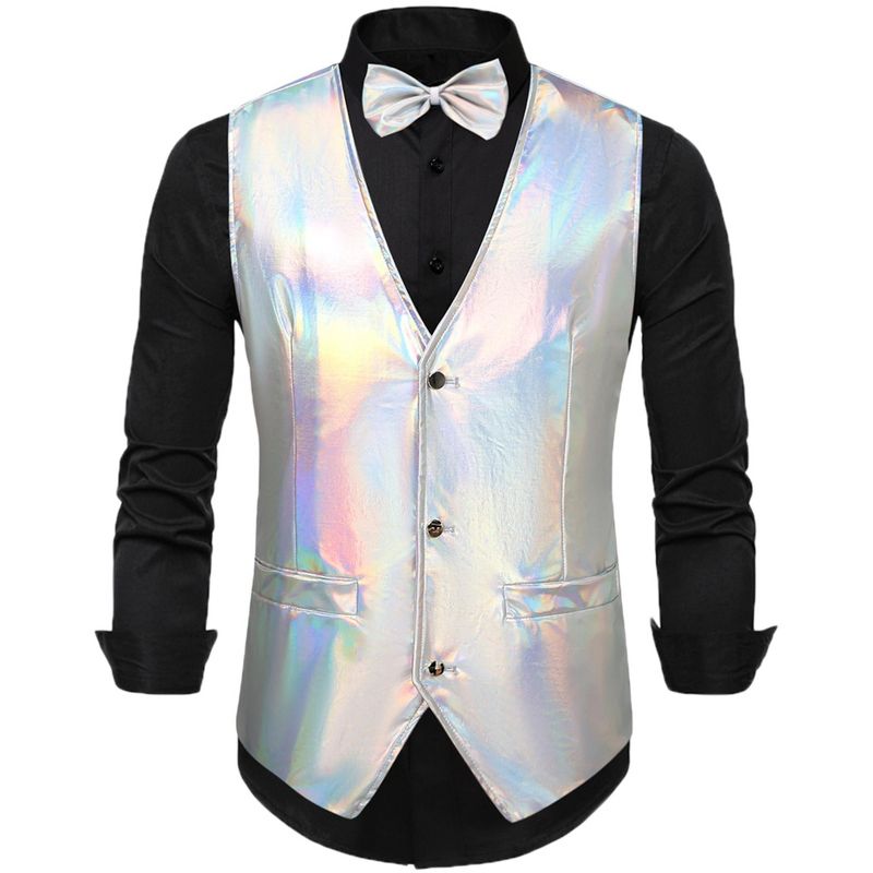 Lars Amadeus Men's Slim Fit Disco Party Shiny Metallic Suit Vest with Bowtie, 1 of 6