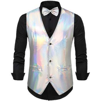 Lars Amadeus Men's Slim Fit Disco Party Shiny Metallic Sleeveless Vest with Bowtie