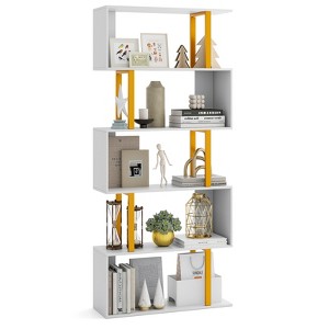 Tangkula 5-Tier Geometric Bookcase 62-Inch S-Shaped Bookshelf w/ Metal Frame Gold - 1 of 4