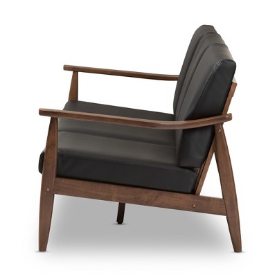 Venza Mid-Century Modern Black Faux Leather Walnut Wood 3-Seater Sofa
