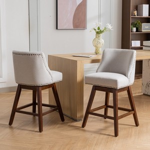 Set of 2 Counter Height Bar Stools, Elegant Linen Upholstered Swivel Chair with Rubberwood Legs - ModernLuxe - 1 of 4