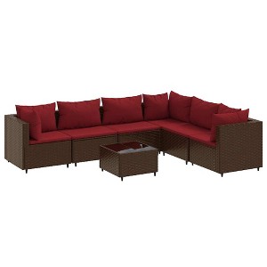 vidaXL Patio Lounge Set 7 Piece - Brown Poly Rattan Sectional Sofa with Cushions and Tempered Glass Table - Outdoor Garden Terrace Furniture - 1 of 4