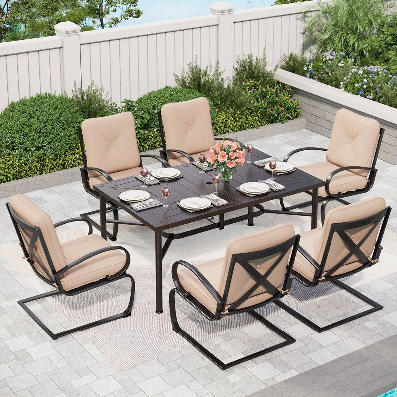 Captiva Designs 7pc Outdoor Dining Set with C-Spring Motion Chairs & Metal Table with Umbrella Hole, 1 of 10