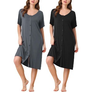 cheibear Women's Short Sleeve Button Down Midi Pajama Dress 2 Packs - 1 of 4
