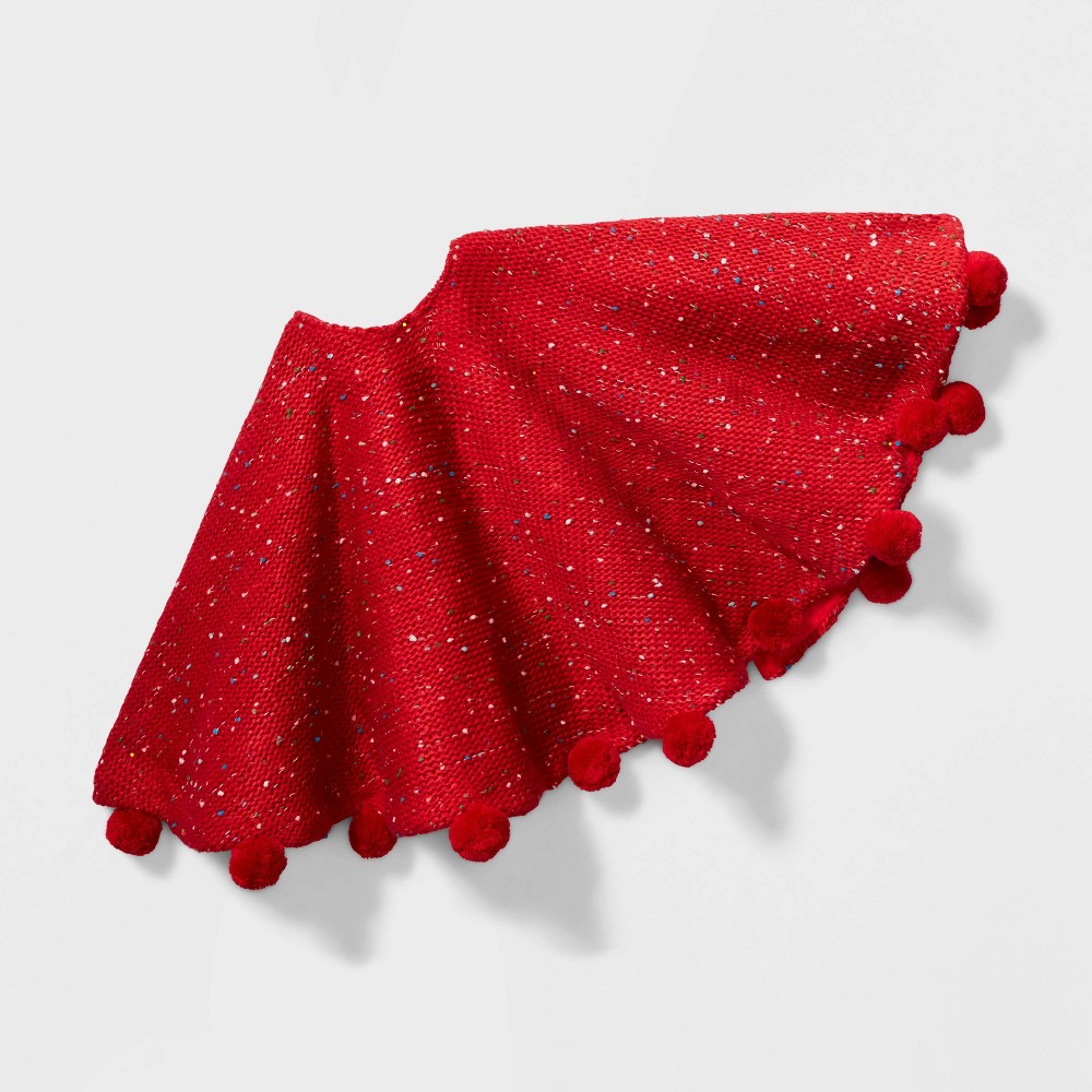 48in Speckled Knit with Poms Christmas Tree Skirt Red - Wondershop