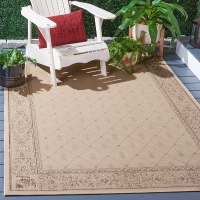 Natural Brown Floral Border Indoor/Outdoor Area Rug