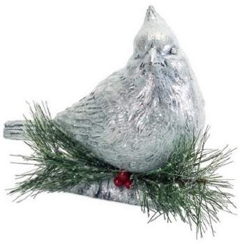 Diva At Home 8.75" Gray and Green Cardinal Perched on Log with Pine Cones/Berries Christmas Decoration