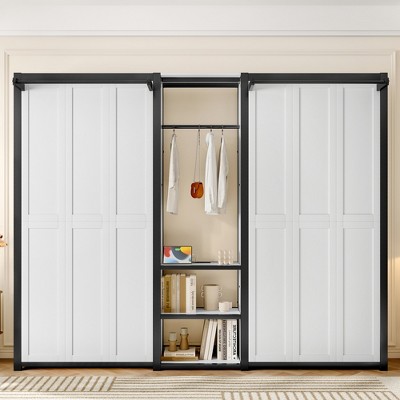 Twin and Twin Murphy Bed with Wardrobe, Shelves and Power Outlets