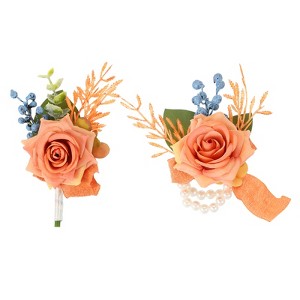 Unique Bargains Rose Corsage and Boutonnieres Set For Party Wedding Flowers Pin 2.76 Inch 2 Pcs - 1 of 4