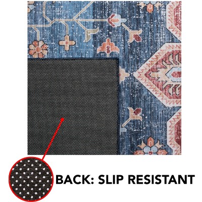 Blue and Rust Round Synthetic Washable Area Rug