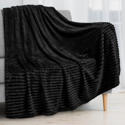 Black Ribbed Fleece Flannel Throw Blanket, 50x60 Inches