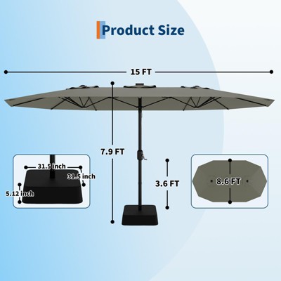 15FT Outdoor Double-Sided Large Patio Umbrella with Base, Rectangle Market Umbrella Outside Umbrellas for Poolside Lawn Backyard