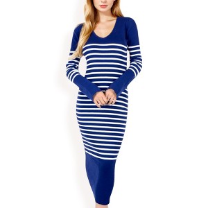 Anna-Kaci Women's Striped Knit Midi Dress with Long Sleeves and Ribbed Texture - 1 of 4