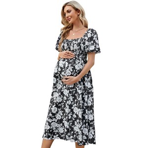 Women's Maternity Puff Sleeve Smocked Maxi Dress Pregnancy Comfortable Long Summer Dress - 1 of 4
