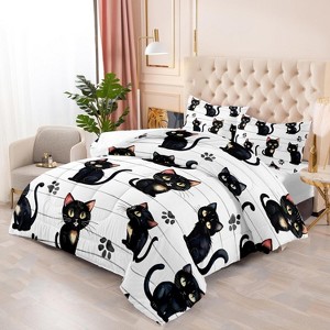 Hachikiko Kawaii Black Cat Print Comforter Set - All Season Ultra Soft Microfiber Bedding with Pillowcases - 1 of 4