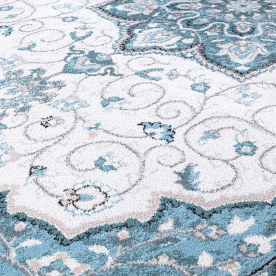Blue and Ivory Medallion Runner Rug with Jute Backing