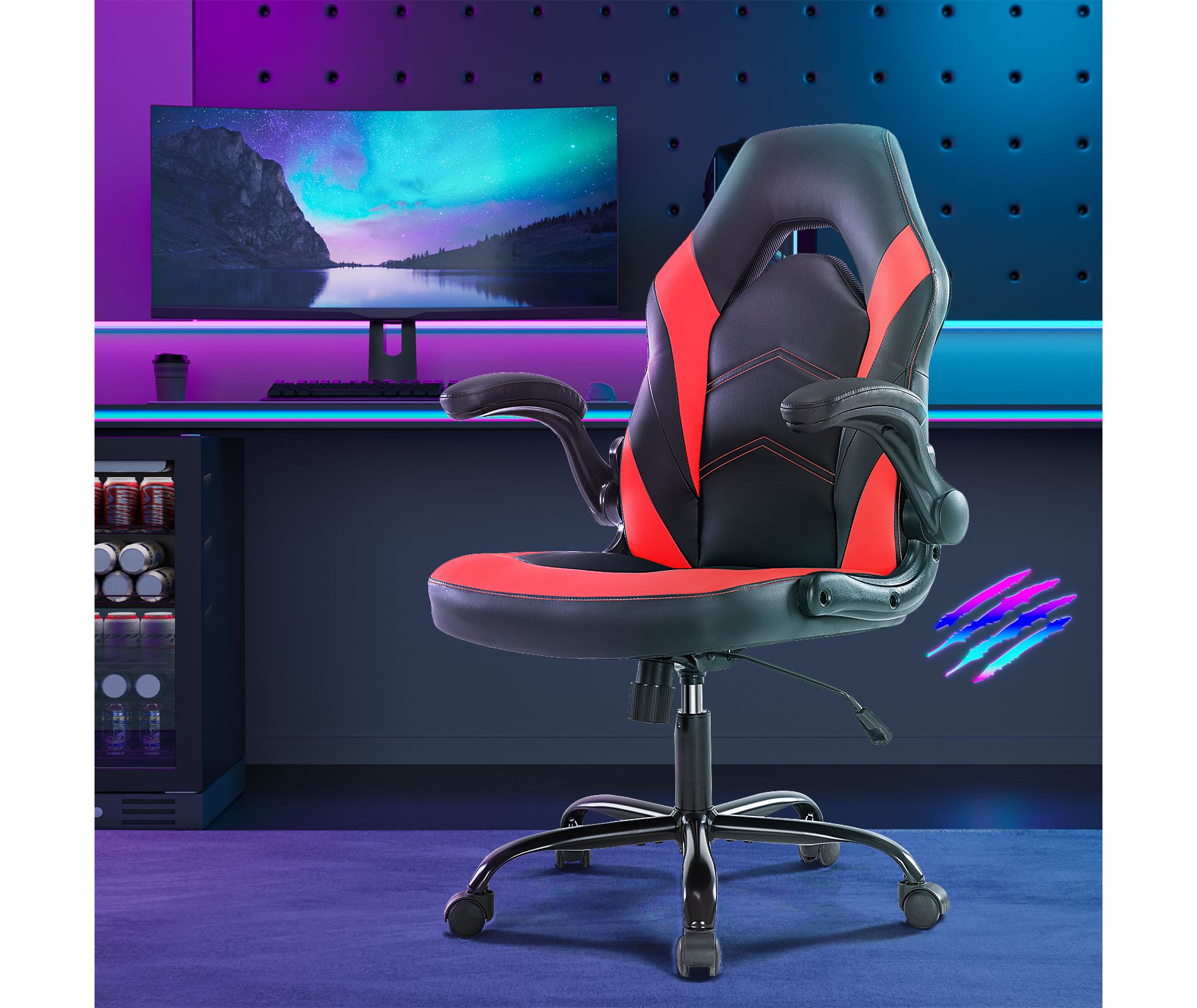 Bestier Gaming Chair, PU Leather Computer Swivel Chair with Lumbar Support, Adjustable Backrest and Flip-up Armrest for Home Office Desk Chair-Red
