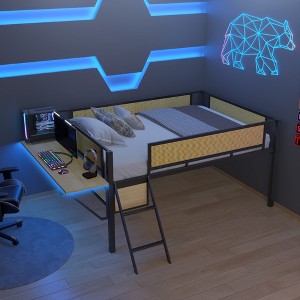ALEXOUN Black Metal Bed Frame Gaming Loft Bed with Desk and Woven Rattan Guard Rails,Hanging Storage Compartment,for Apartments - 1 of 4