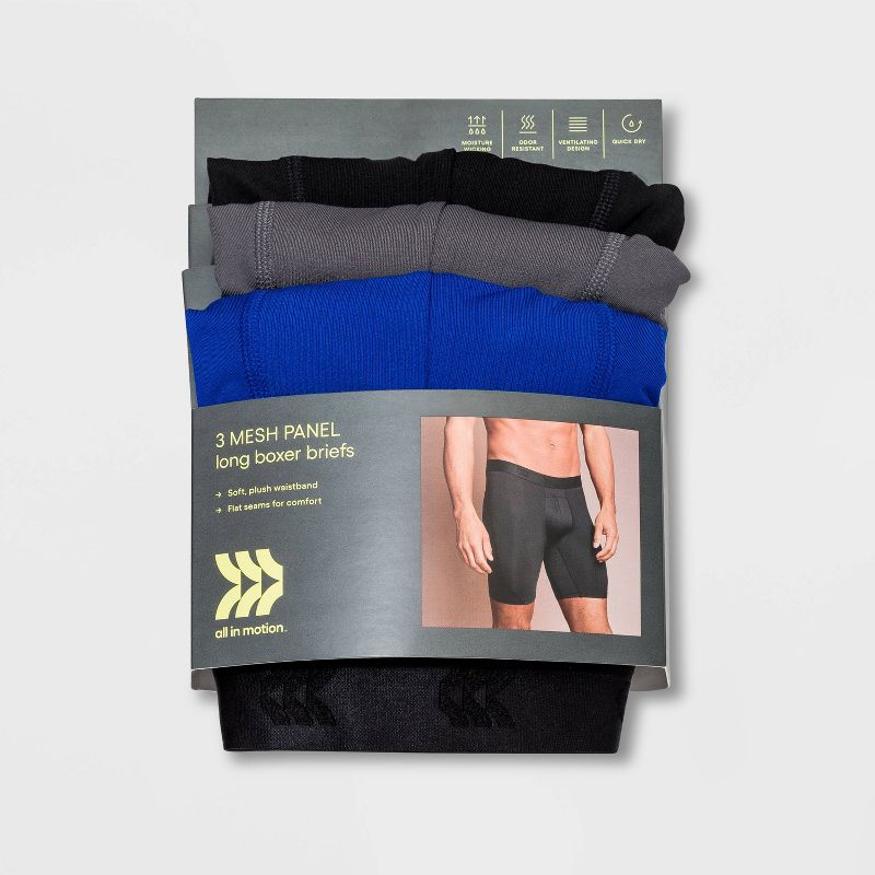 Men's Jersey Mesh Performance 3pk Long Leg Boxer Briefs - All in Motion™ Black/Gray/Blue, 2 of 2