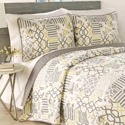 Gray and Yellow King Cotton Reversible Quilt Set