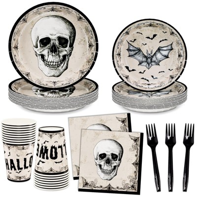 DYLIVeS Halloween Party Supplies Kit, Skull Bats Disposable Tableware - Includes Dinner & Dessert Plates, Napkins, Cups & Forks - Serve 24
