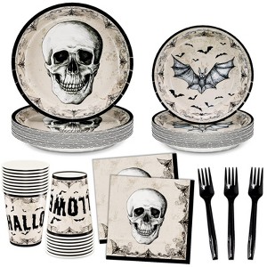 Hachikiko Halloween Party Supplies Kit, Skull Bats Disposable Tableware - Includes Dinner & Dessert Plates, Napkins, Cups & Forks - Serve 24 - 1 of 4