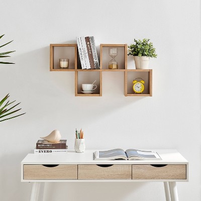 Chestnut Light Wood Floating Wall Shelf with Cubby Holes