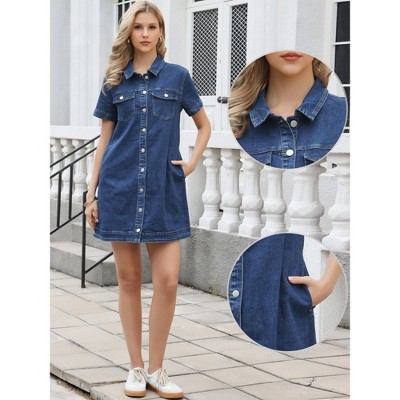 Женские платья INSPIRE CHIC Women's Denim Short Sleeve Turndown Collar Button Down Shift Mini Jean Dresses Medium Dark Blue — фото 2