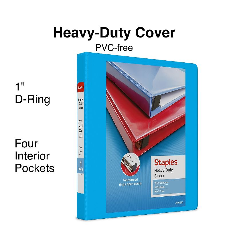 1" Staples Heavy-Duty View Binder with D-Rings Light Blue 976056, 2 of 9